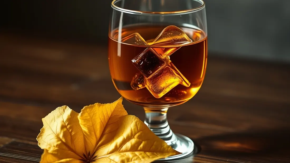 Whisky tourbé avec des glaçons sur une feuille de tourbe